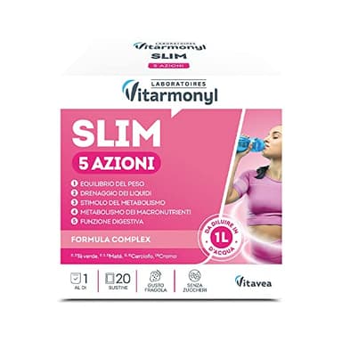 Slim 5 Azioni - Integratore Detox e Drenante Forte - Controllo del Peso - Stimola Metabolismo - 5 Ingredienti (Tè Verde, Mate, Vitamina C) - Gusto Fragola - Senza Zuccheri - 20 Bustine - Vitarmonyl