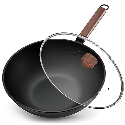 Jobin 33cm/5,6L Wok Antiaderente in Acciaio al Carbonio con Coperchio - Padelle Senza Rivestimento Chimico - Può Cucinare Piatti Asiatici per 4-6 Persone - Adatto a Tutti i Fornelli