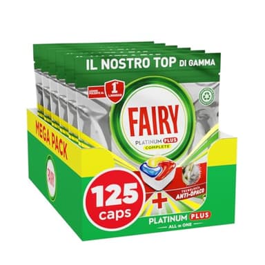 Fairy Platinum Detersivo Pastiglie Lavastoviglie Plus, Brillantante, 125 Capsule, Limone, Tecnologia Anti-Opaco, Contro Il Grasso e le Incrostazioni Ostinate Anche Nei Cicli Brevi