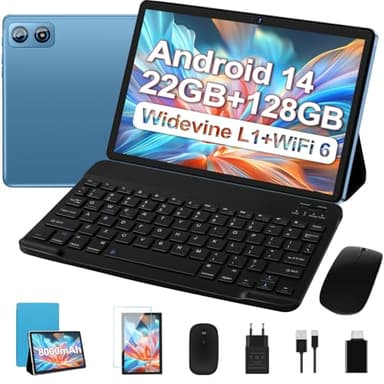 2025 Newest Tablet 10 pollici Android 14, 22GB RAM+128GB ROM/TF 1TB, 8-core 2.0GHz, 8000mAh, UFS 2.1 Flash, Corpo in Metallo, Doppio WiFi, BT5.0, 8+5MP, Widevine L1, Con Tastiera e Mouse, Blu