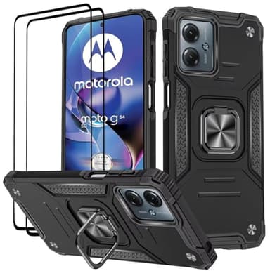 KANSi Cover per Motorola Moto G54, Vetro Temperato [2 Pack] Custodie Silicone TPU 360° Rotante Anello Magnetica Anello Ring Supporto Bumper - Nero