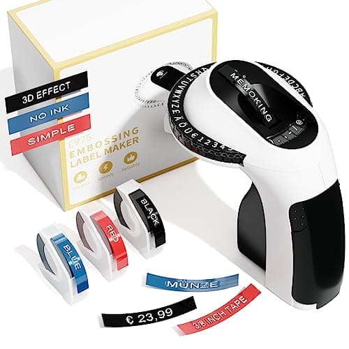 Memoking etichettatrice a rilievo con 3 nastri per etichette E975 3D Embossed Label Maker Machine, Etichettatrice a Rilievo Per uso casalingo, fai da te e hobby (£/€, Ä, Ö e Ü)