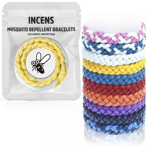 INCENS Braccialetti repellenti per zanzare conf. da 10, in pelle regolabile senza DEET, naturali per adulti e bambini, fascette singolarmente confezionate, protezione contro insetti e zanzare 350 ore.