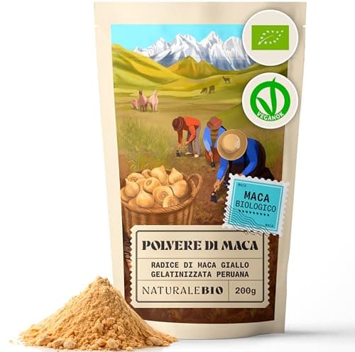 Maca Peruviana Biologica in Polvere 200g. Naturale e Pura, ideale per Stanchezza - Prodotto in Perù dalla Radice di Maca Bio - Gelatinizzata - NaturaleBio
