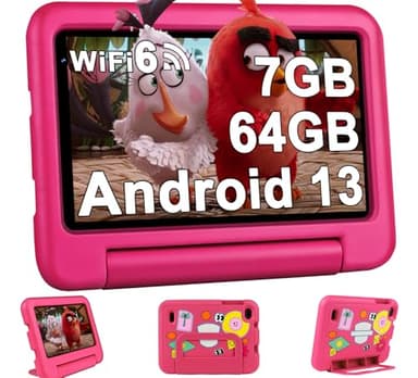 Oangcc 2025 Tablet Bambini 7 Pollici Android 13, 7GB RAM+64GB ROM (TF 1TB), WiFi 6 BT 5.0, Octa-Core, GMS Certificated | Controllo Parentale | Doppia Fotocamera | GPS | Tablet con Custodia EVA - Rosa