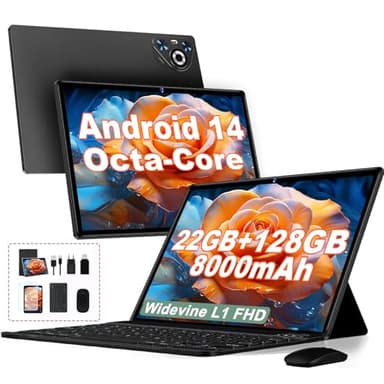 2025 Tablet 10 pollici Android 14, 22GB RAM 128GB ROM/TF 1TB, Processore Octa-Core, 8000mAh, Corpo in Metallo, Face ID, Doppio WiFi, 8MP+5MP, Widevine L1, Protezione Occhi, Tastiera, Mouse, Black