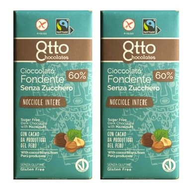 Cioccolato Fondente con nocciole intere SENZA ZUCCHERO aggiunto, 100 gr x 2 pezzi - Otto Chocolates - Cacao 60% minimo - con cacao da produttori del Perù