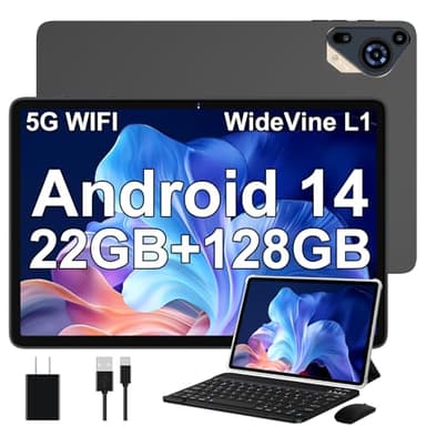 Tablet 10 Pollici Android 14 con 22 GB RAM + 128 GB ROM(Espandibile Fino a 1 TB), Widevine L1, 8000mAh, Octa-Core 2.0 GHz, 5G Wi-Fi, GPS, USB-C, HD Tablet con Tastiera + Mouse + Custodia, Grigio