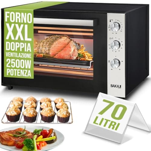 Bakaji Forno Fornetto Elettrico Ventilato Capacità 70 litri Potenza 2500W Temperatura Regolabile fino 250° 2 Ventilazioni Elenti Riscaldanti Acciaio Luce Interna Funzione Timer (70 Litri)