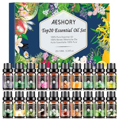 AESHORY Set di Oli Essenziali 20 x 10ml,100% Olio Essenziale Puri e Naturali per Diffusori Umidificatore, Kit Oli Essenziali per Aromaterapia, Candele Fai Da Te, Profumate, SPA, Massaggi