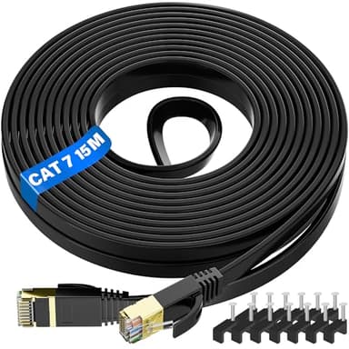 ikbc Cavo Ethernet 15m, Cat 7 Cavo di Rete Alta Velocità Cavo LAN Schermato Cavo Internet 15 metri Connettori RJ45, Piatto Gigabit (10Gbps 600Mhz) Cavo Patch STP per Switch, Router, PS4/5 (15 Clips)