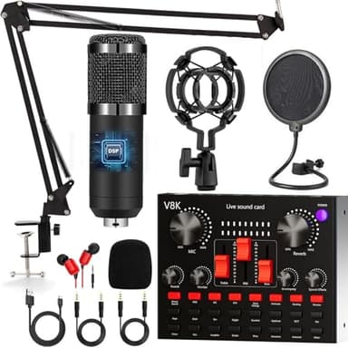 FOLTUSYMY Pacchetto attrezzatura podcast, interfaccia audio scheda audio live tutto in uno e microfono a condensatore,Perfetto per Streaming registrazione, trasmissione, streaming live
