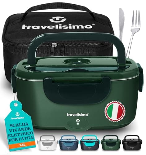 TRAVELISIMO Scaldavivande Elettrico Portatile, 80W 1,5L Porta Pranzo Riscaldabile, 220V/12V/24V Scalda Vivande Portatile Elettrico per Auto Camion e Ufficio, Contenitore Termico Per Alimenti Caldi