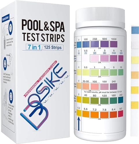 BOSIKE 7 in 1 Test pH e Cloro per Piscina - 125 Strisce Test kit per Controllo dell-acqua di Piscina - Misurano Cloro Libero, Bromo, Cloro Totale, Acido Cianurico, Alcalinità e pH