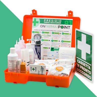 Ecofarma cassetta pronto soccorso COMPLETA DI MISURATORE DI PRESSIONE e CARTELLO DI PRIMO SOCCORSO Cassetta medica conforme DM 388 allegato 1 per aziende con 3 o più lavoratori