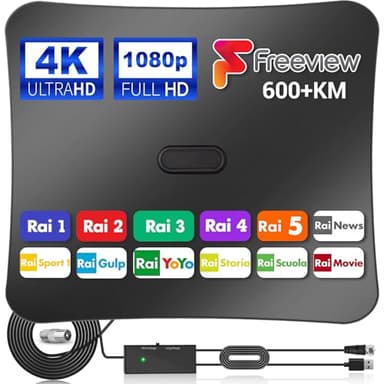 Yowrepu Antenna TV Interna Amplificata Potente - Ricezione DVB - T2 Segnale per 400 km con Gamma 360°, Supporta Smart TV 4K HD/1080P, Con 5 m di Cavo Coassiale e Connettore Maschio Tipo F - Nero