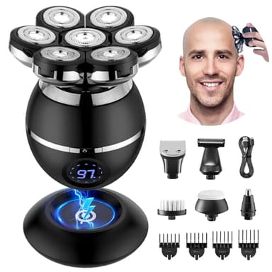 ETENTOUS Rasoio Testa Calva Uomo -7D Rasoio Elettrico Barba - 6 in 1 Rasoio Capelli Uomo Testa Impermeabile IPX7 Rasoio Elettrico Corpo Uomo con Display LED/9 Kit di Bellezza.
