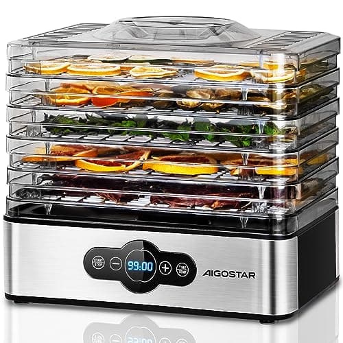 Aigostar Crispy - Essiccatore alimentare, 240W, 5 vassoi, essiccatura automatica, ottimo per frutta, carne, verdura ecc. controlli digitali, impostazione manuale di tempo e temperatura. Senza BPA.