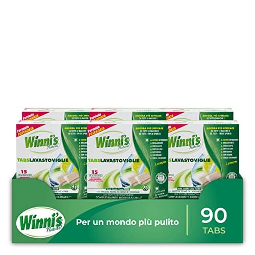 Winni's - Pastiglie per Lavastoviglie, 90 Tabs, Detersivo Multiazione Detergente, Sgrassante, Antiodore e Brillantante, Fragranza di Limone, con Materie Prime di Origine Vegetale, Confezione da 6