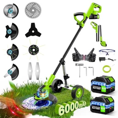 12 inch Decespugliatore a Batteria,Tagliabordi Elettrico con Brushless Motore da 850W, Tagliabordi a Batteria 4 in 1 con 2 Batterie da 3000 mAh, Ruota Rusiliaria Regolabile per Prato Campo da Giardino