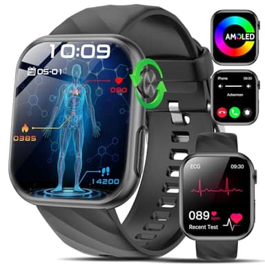 2025 Smartwatch Uomo Donna ECG/HRV/Lipidi/Acido Urico/BMI/Bluetooth Chiamate,1.97" AMOLED Orologio Fitness con 24H Frequenza/Sonno/Pressione Sanguigna/SpO2/𝐆li𝐜𝐞𝐦𝐢𝐚/Temperatura Monitor SOS
