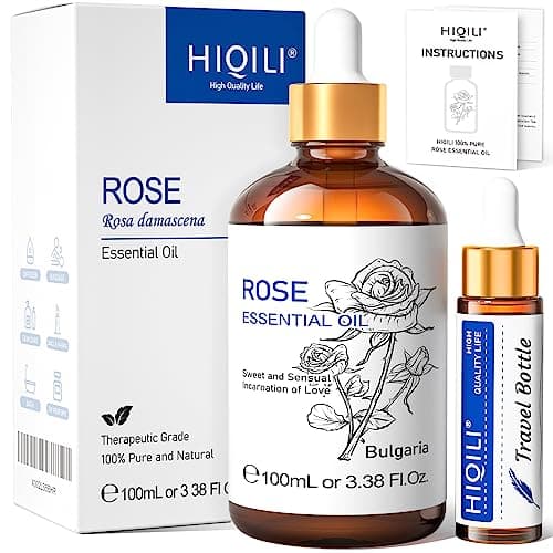 HIQILI Olio Essenziale Rosa 100ML, Oli Essenziali per Diffusori, Olio Essenziale Naturale Puro di Rosa, Per Candele Fai Da Te, Umidificatori, Bagni per il Corpo, Saponi