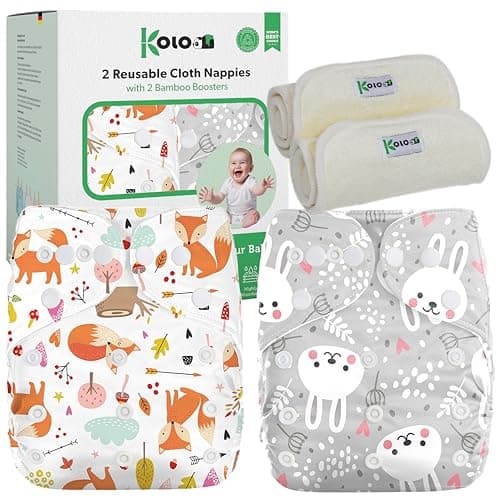 Kolo - Set di 2 Pannolini lavabili riutilizzabili per bambini e neonati + 2 inserti assorbenti in bambù, Taglia regolabile, unisex 100% Ecologici. Fantasia Fox&Rabbit