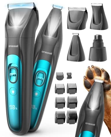 oneisall 4 in 1 Tosatrice per Cane Gatto con Luce LED, 2025 Nuova Versione Cura Peli Animali per Rasoio Cani & Zampe & Smerigliatrice Artiglio, 2000mAh Ricaricabile Rasoio per Cani