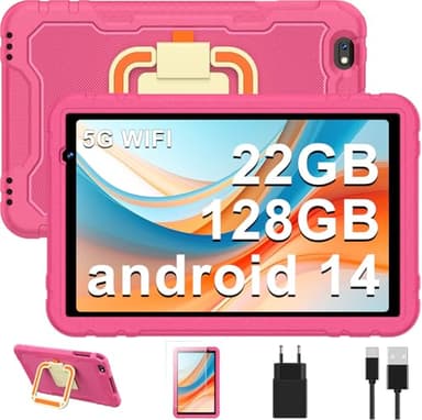 Tablet bambini 10 pollici, tablet Android 14 con 5G Wifi, 22GB RAM+128GB ROM | Controllo Parentale | 8000 mAh | Octa-Core | 5MP+8MP | Custodia protettiva EVA antiurto + Staffa girevole a 360° - Rosso