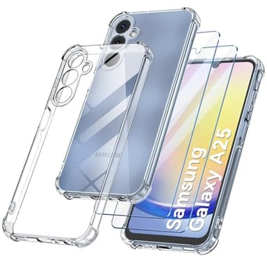 FLLAO Cover Compatibile con Samsung Galaxy A25 5G con 2 Vetro Temperato [Protezione Fotocamera] Anti Ingiallimento Antiurto Cover Silicona TPU Morbido Custodia per Samsung Galaxy A25 5G - Trasparente