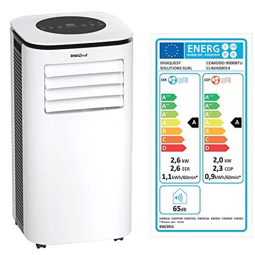 DIGIQUEST Climatizzatore portatile COMODO 9000BTU | 4 in 1: freddo, caldo, umidificatore e ventilatore (2.6kW e 2.0 kW) | 24h Timer | Modalità Notte | Salvaspazio [Classe energetica A]