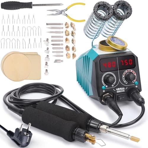 YIHUA 939D-VII pirografo professionale Kit per penna a bruciatura del legno Stazione 2-in-1 Solid-Point 200-480°C (con display di temperatura)/Wire-Nib 250-750°C con 23 punte, 25 punti solidi