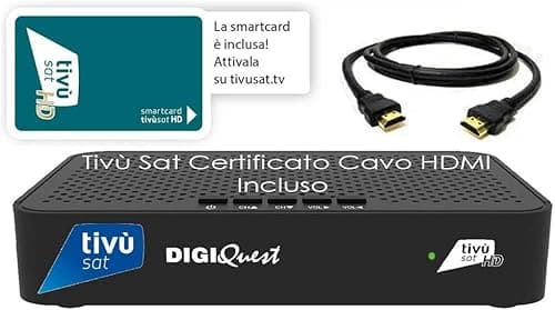 Ricevitore HD Tivù sat Decoder digitale satellitare ad Alta Definizione HD Tivùsat Certificato, Tessera Tivusat HD inclusa, Uscite HDMI e SCART, anche per camper e barche, Cavo HDMI in DOTAZIONE