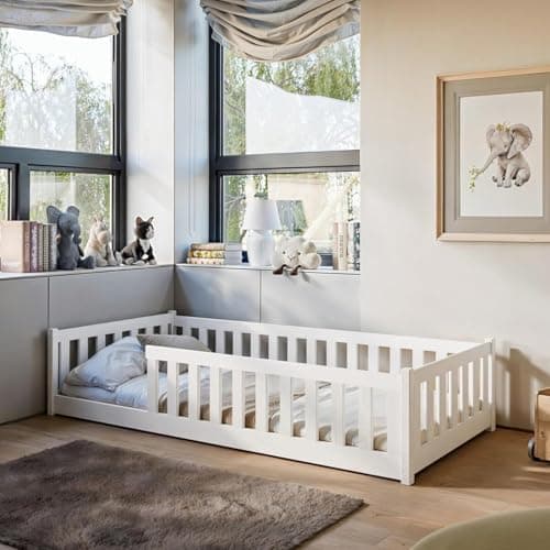 Kids Collective Letto a terra Montessori per bambini 90 x 190 cm con protezione anticaduta e rete a doghe Bianco Altre misure 80 x 160 cm 90 x 200 cm 140 x 200 cm