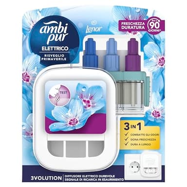 Ambi Pur 3Volution Profumatore per Ambienti, 1 Diffusore Elettrico e 1 Ricarica, Fragranza Lenor Risveglio Primaverile, Teconologia Elimina Odori, Fino a 90 Giorni di Profumo per Ricarica