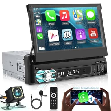 Autoradio 1 Din con Senza Fili Carplay e Android Auto, Stereo Auto Scomparsa con Schermo 7 Pollici Supporto FM/AUX/EQ/Bluetooth/Mirror Link+Backup Camera+Mic