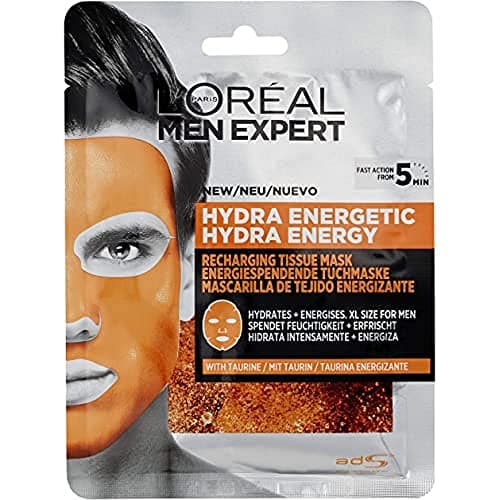 L’Oréal Paris men expert Men Expert Hydra - Maschera viso in tessuto energetico per uomo, maschera in tessuto per pelle dall'aspetto stanco (confezione da 1)