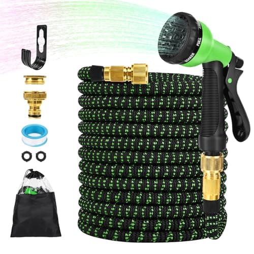 Gaethra Tubo Estensibile da Giardino 30M, Tubo Acqua Giardino in Poliestere Espandibile100 FT, Canna Acqua Giardino con 8 Getti Diversi e Raccordi in Ottone da 1/2" e 3/4", Verde