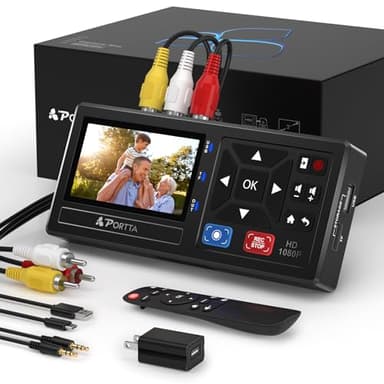 PORTTA Convertitore da VHS a digitale, registratore da video a digitale con telecomando, compatibile con VHS, VCR, DVR, DVD, Hi8, Mini DV, videocamera, nastro a cassetta, console di gioco