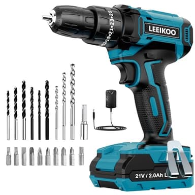 Trapano Avvitatore Batteria 21V, LEEIKOO Avvitatore a Batteria con Batterie 2.0Ah, 42N.m Avvitatore Elettrico, 25+3 Coppie, 2 Velocità, LED Luce, 24PCS Accessori per Casa Progetto, Fai da te