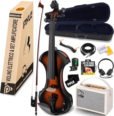 Pyle 4/4 Violino Elettrico Silenzioso con Kit Amplificatore, Violino in Legno Massello con Amplificatore da 10W e Accessori Completi, Strumento a Corde Orchestrale per Principianti e Uso Professionale