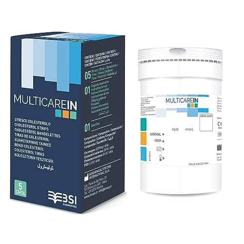 Multicare In - Strisce Colesterolo, Test Colesterolemia, per Lettore Multicare In, Biosensore con 1 Chip, 5 Strisce in Barattolo e Astuccio