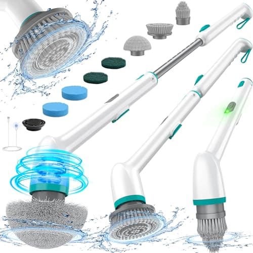 LyriFine Elettrica Pazzola Rotante Pulizia Casa, Full-Body Ipx7 Impermeabile Spazzola Rotante per Pulizie, 7 Testine Di Ricambio, Manico Lungo e Doppia Velocità Pulisci Doccia per Bagno & Vasca