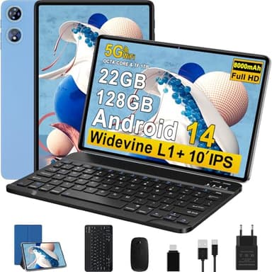 Android 14 Tablet 10 Pollici con 22GB RAM + 128GB ROM (TF/1TB), Octa-Core 2.0 GHz, Widevine L1, 5G WiFi, Bluetooth 5.0, 1280 * 800pixels, 8000mAh, GMS, 2025 Newest Tablet con Tastiera e Mouse - Blue