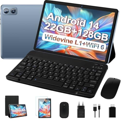2025 Newest Tablet 10 pollici Android 14, 22GB RAM+128GB ROM/TF 1TB, 8-core 2.0GHz, 8000mAh, UFS 2.1 Flash, Corpo in Metallo, Doppio WiFi, BT5.0, 8+5MP, Widevine L1, Con Tastiera e Mouse, Gray