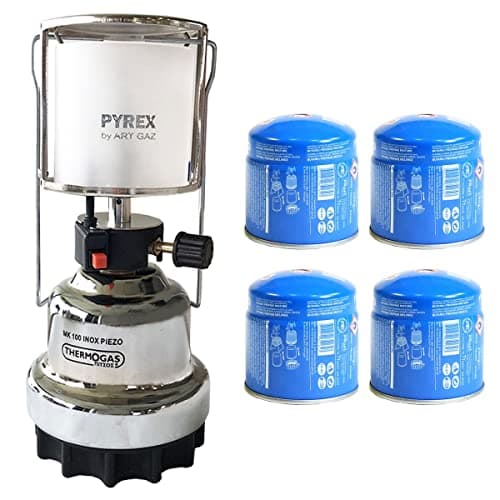 PROWELTEK - Lampada a gas + 4 cartucce di gas 190 gr Lanterna guscio in acciaio inox Accensione piezo campeggio e casa