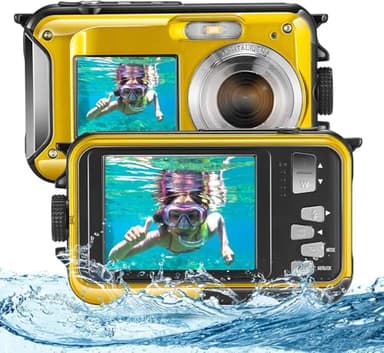 Helangel Fotocamera Impermeabile Digitale Full HD 2.7K 48MP, Subacquea Con Zoom 16x e Doppio Schermo per Adolescenti, Studenti, Principianti - Giallo