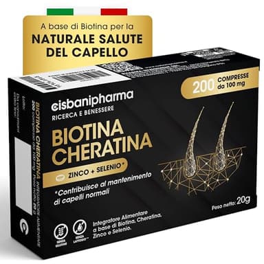 CISBANI PHARMA Biotina Cheratina - Integratore Capelli e Rinforzante Unghie, con Zinco e Selenio - 200 Compresse da 100 mg - Oltre 6 Mesi di Durata - Senza Glutine e Lattosio - Integratori per Capelli