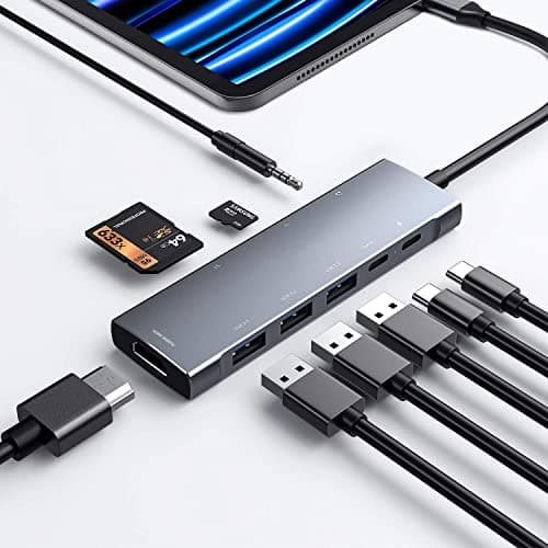 HUB USB C per iPad Pro Adattatore 9 in 1 iPad Pro M4 M2 M1 13 12.9 11 Docking station per iPad Air con lettore di schede 4K HDMI, USB-C PD, SD/TF, USB 3.0, AUX da 3,5 mm, dati di tipo C, iPad Mini 6