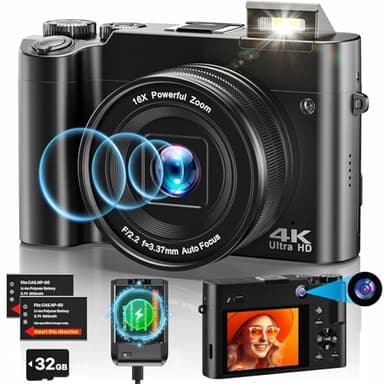 Macchina Fotografica 4K, Fotocamera Digitale 64MP con scheda da 32G, Autofocus Fotocamera Compatta Zoom 16X con Schermo IPS da 2,8'', Flash, Caricabatterie & 2 Batterie per Bambini, Principianti